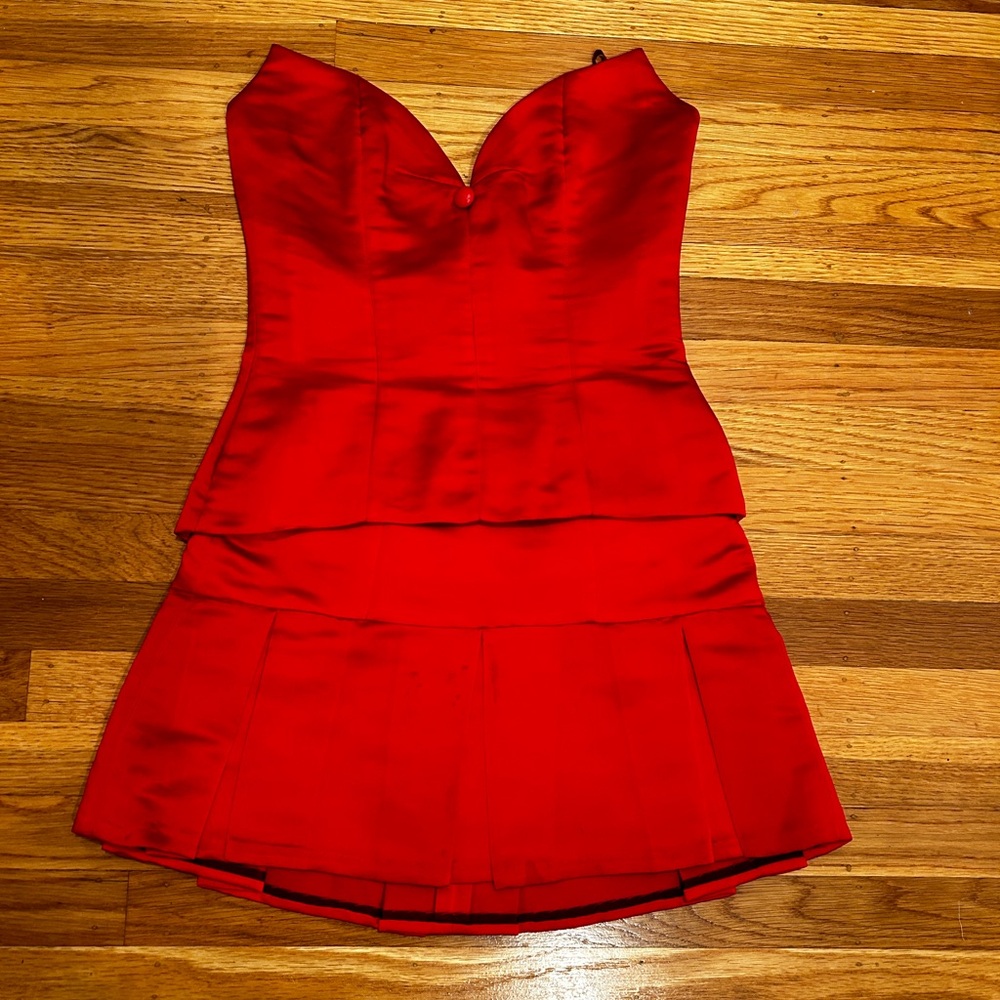 Vintage cabaret red satin corset and flared miniskirt by Justin Charles.